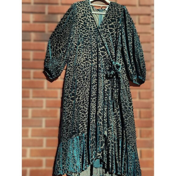 Calvin Klein Malachite Green Velvet Burnout Animal Print Faux Wrap Ruffle Dress - Picture 4 of 10
